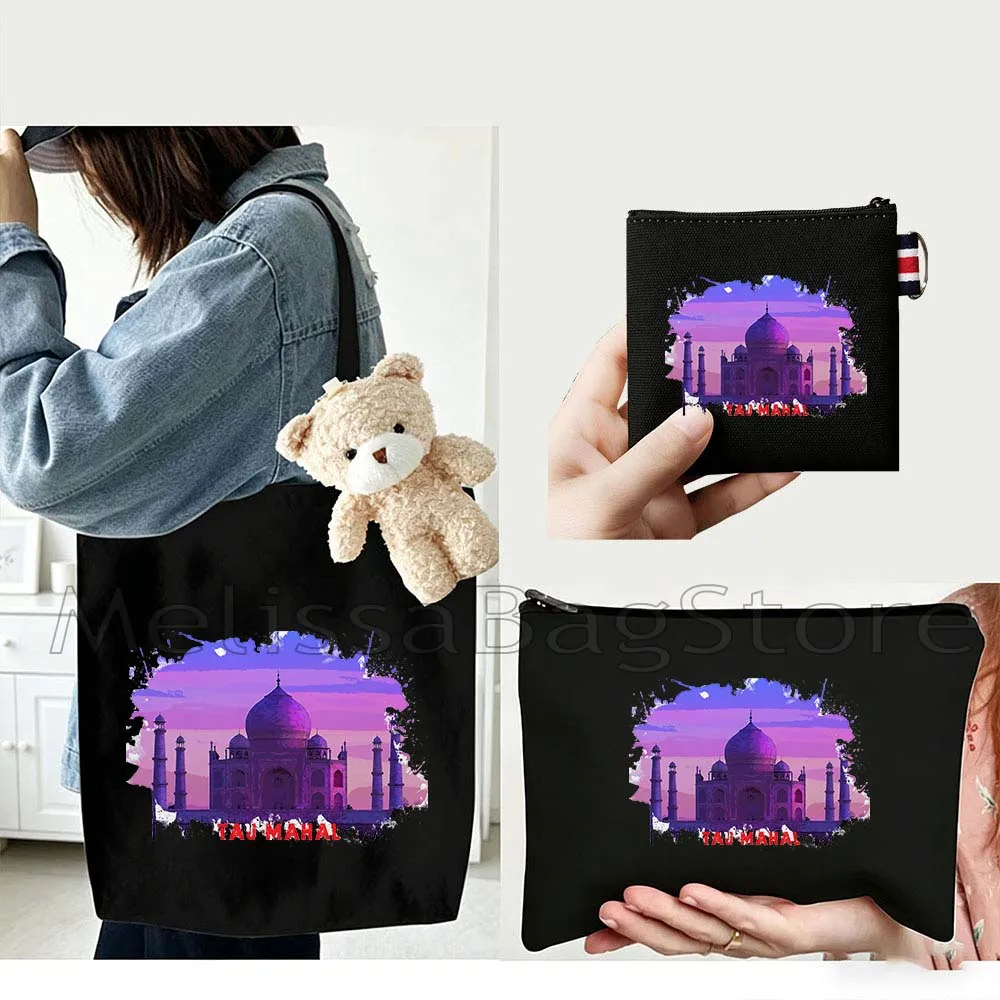 4PCS Gifts Set Taj Mahal India White Canvas Tote Bag Handbag with Doll Key Coin Purse Cosmetic Makeup Toilet Bag Case Pouch