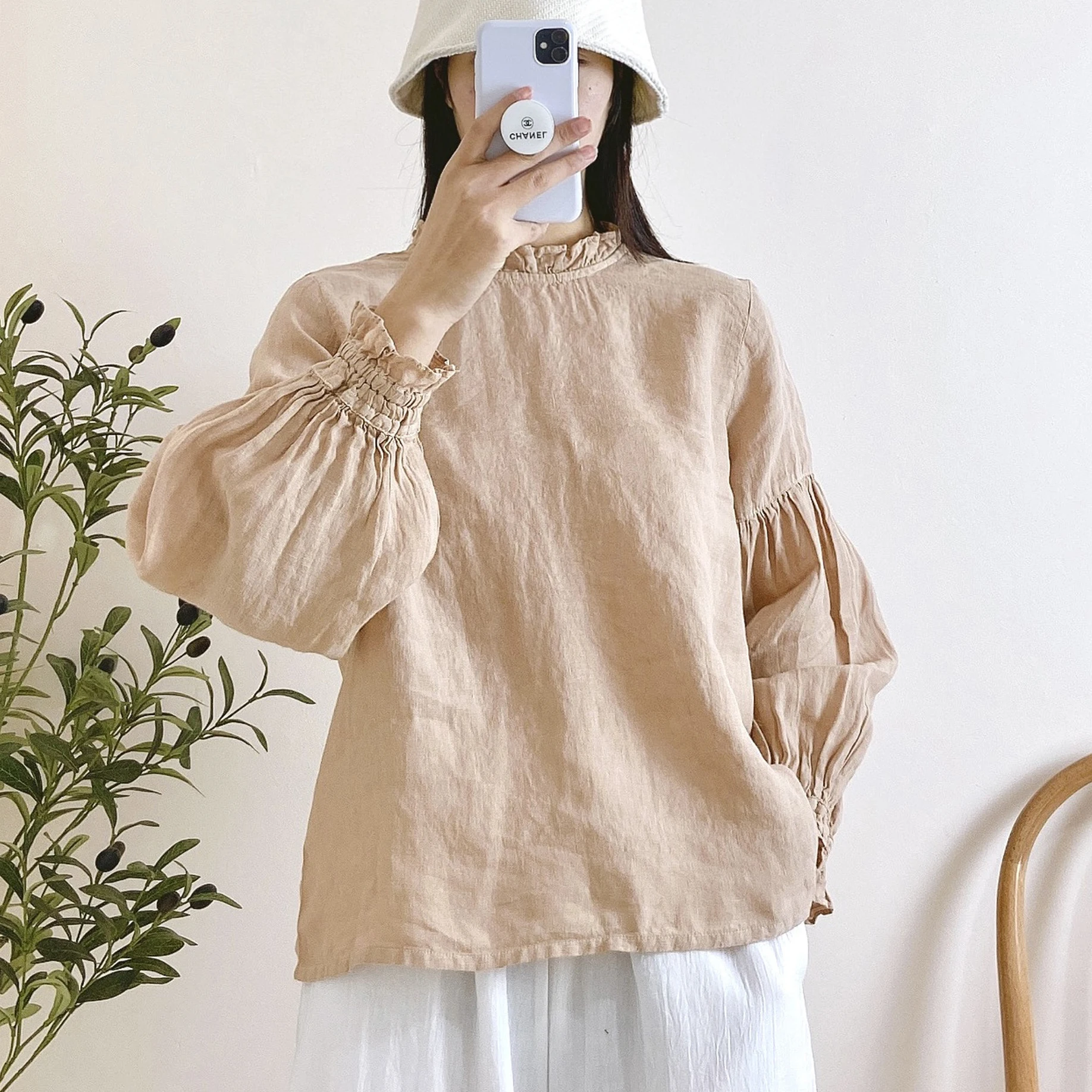 Johnature 2024 Spring New Linen Shirts For Women Vintage Japanese Loose Solid Color Lantern Sleeve Tops 3 Colors