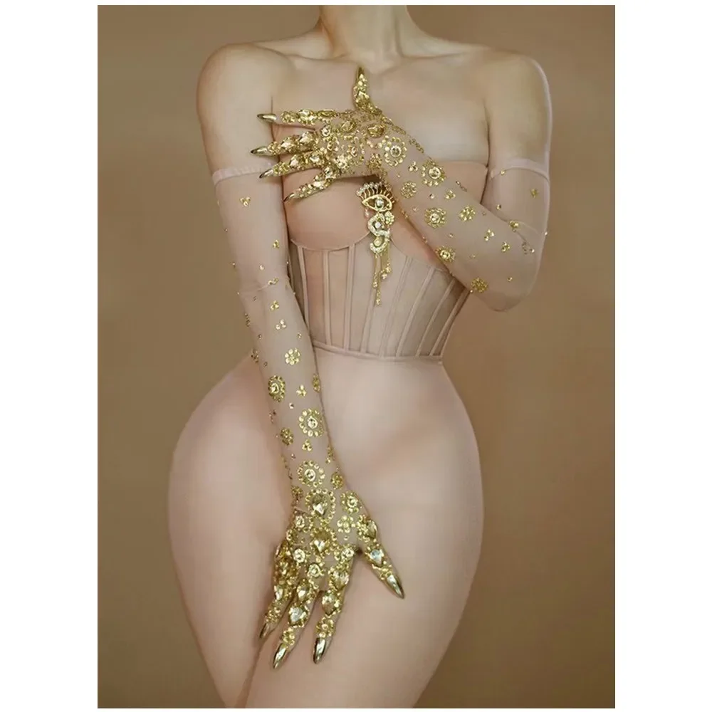 الذهب الراين شبكة قفازات طويلة النساء راقصة المغني ملهى ليلي مرحلة عرض الحفلات اكسسوارات سباركلي الديكور