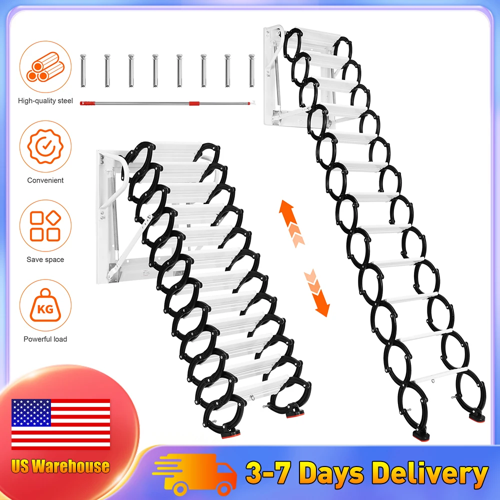 

12-ступенчатая складная лестница для чердака, выдерживающая до 600 фунтов, настенная, с противоскользящими ступенями, 11,2 фута, для использования внутри и снаружи помещений