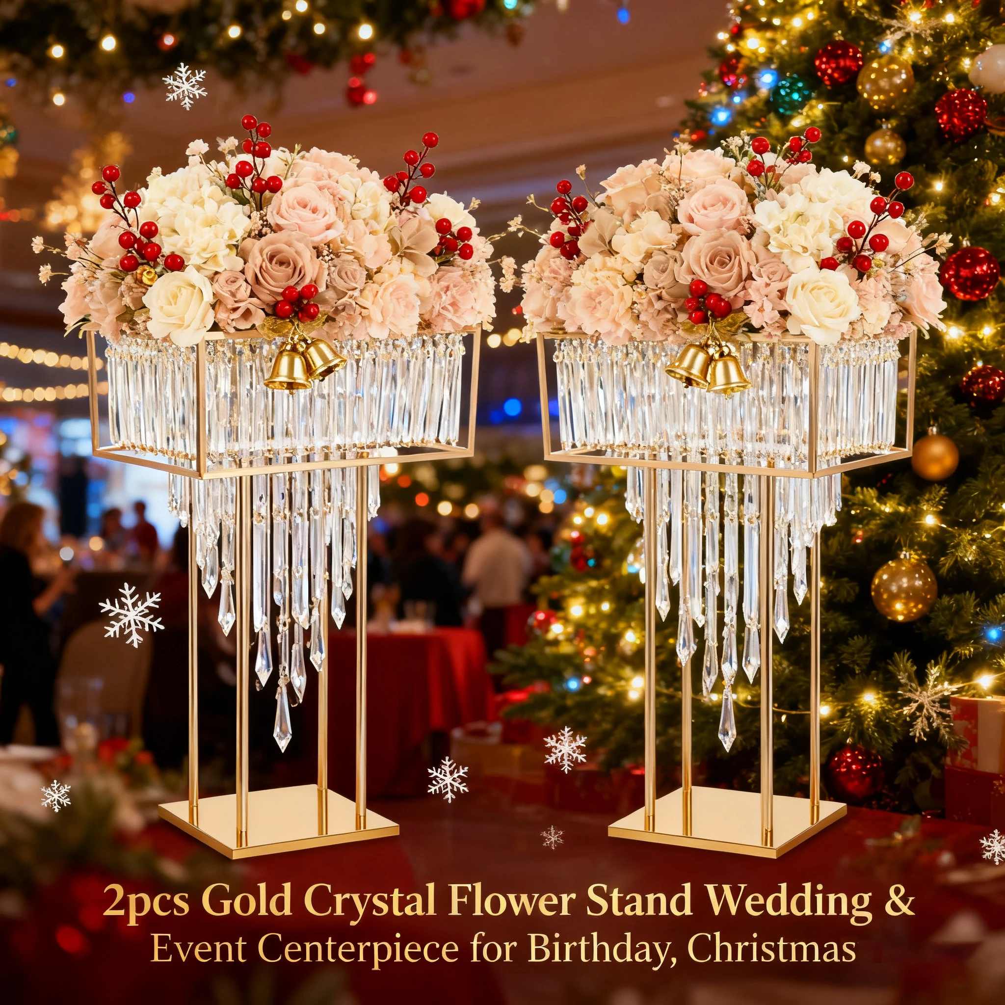 

（Sold Out) 2pcs Tall Golden DIY Iron Frame Crystal Flower Stand for Wedding Centerpiece Luxury Event Sturdy Base Anti-tip Crystal Flower Display Rack Floor Tabletop Flower Holder Banquet Birthday Party Valentine's Day Floral Decor