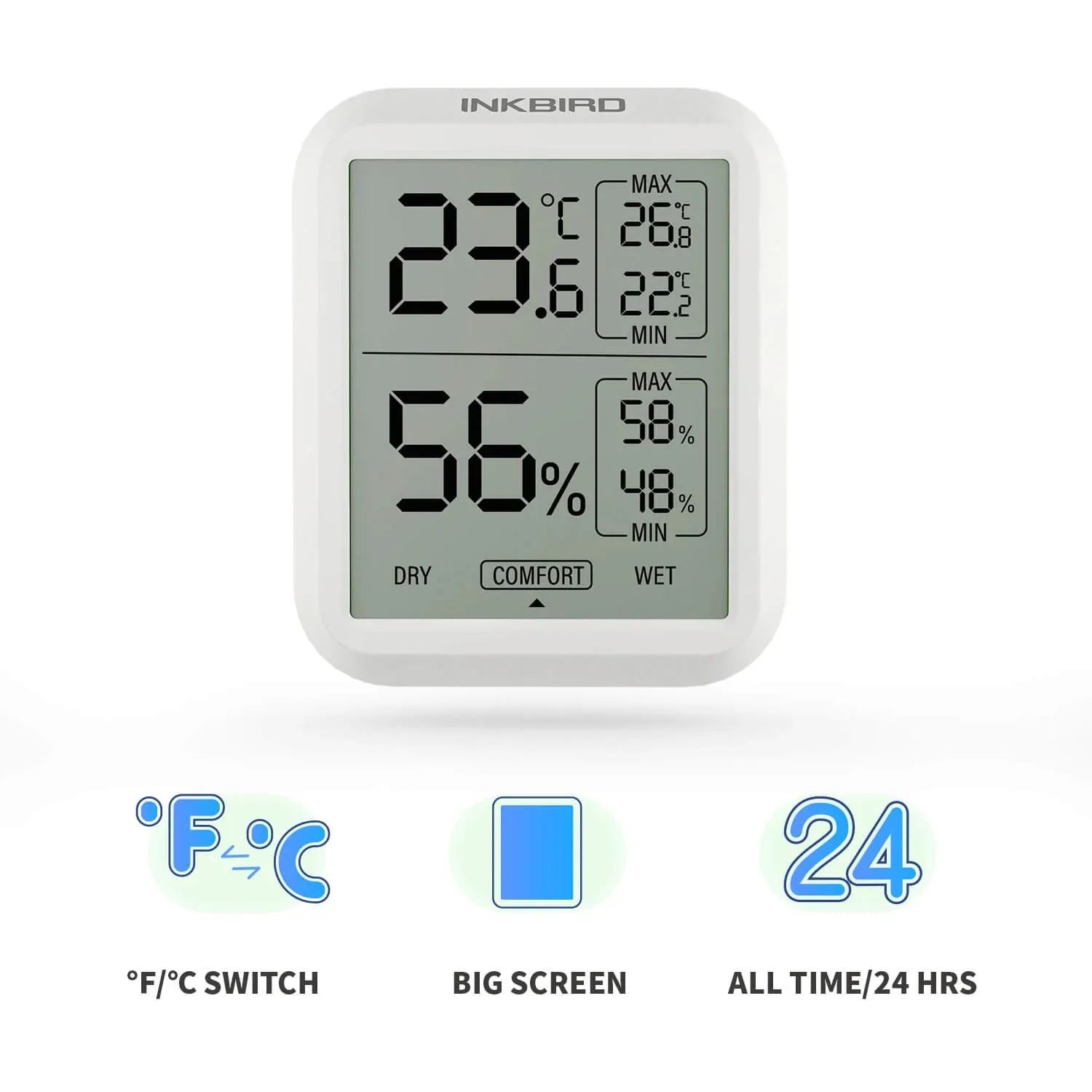 INKBIRD ITH-20 miernik temperatury i wilgotności ekran LCD cyfrowy termometr i higrometr z trzema stopniami dla jakości powietrza