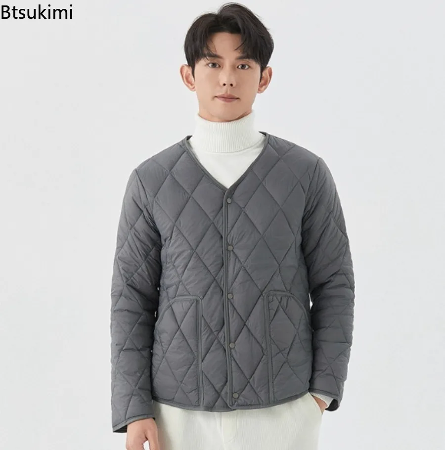 Men's Solid Color Argyle Casual Warm Padded Jacket Young Man Winter New Lightweight Single-breasted Padded Jacket with Pockets