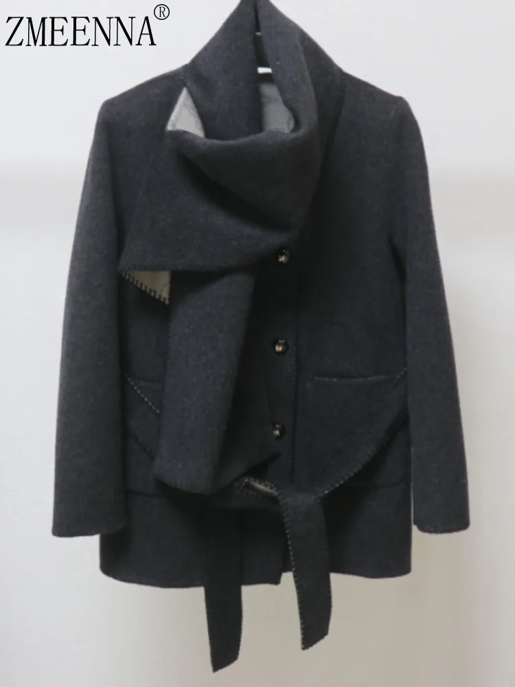 

ZMEENNA Elegant Asymmetric Wool Blend Short Coat For Women With Unique Drape Scarf Collar Belted Waist Stylish ZM3885
