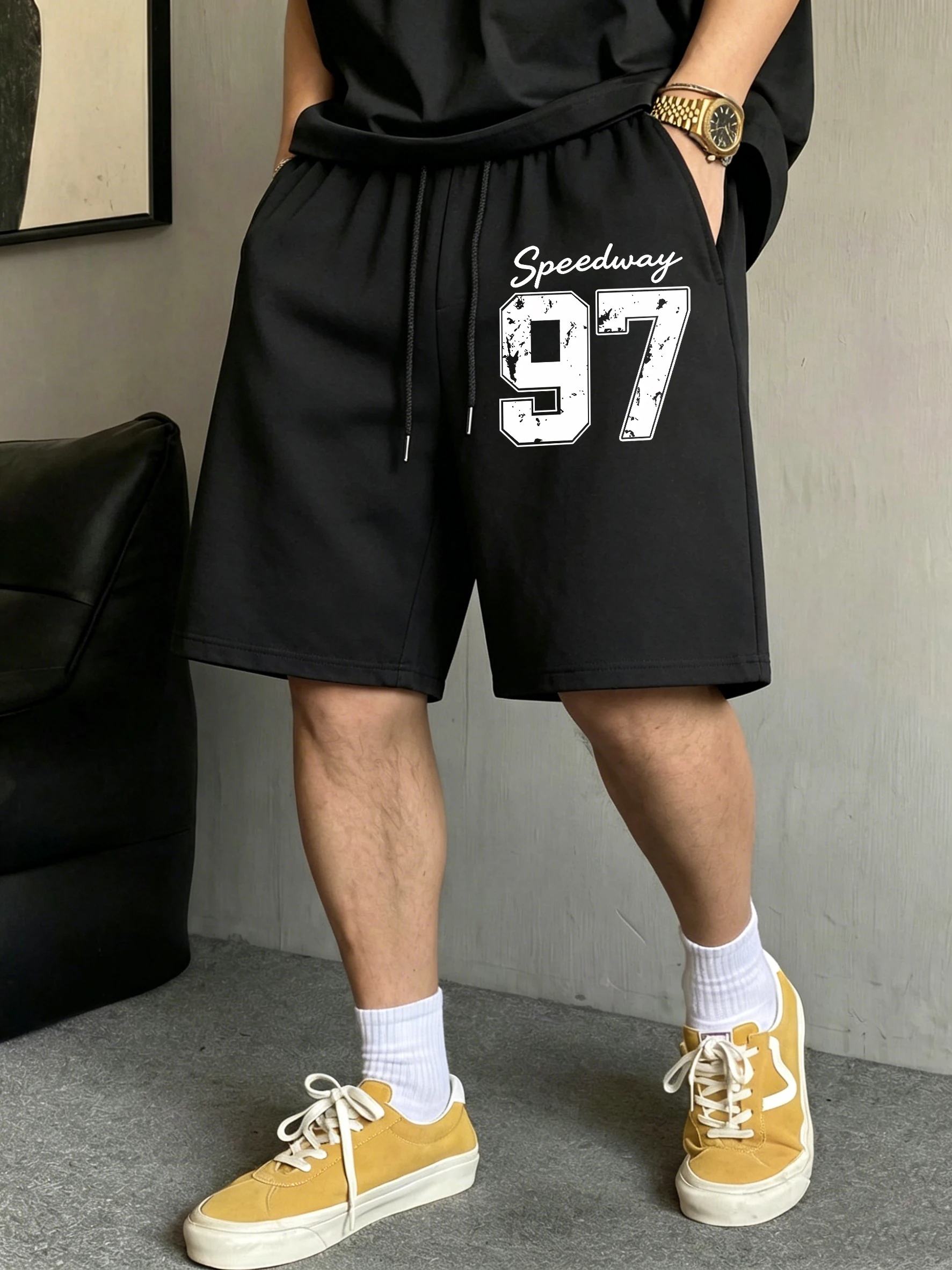 

Speedway Numbers 97 Printing Sports Mens Shorts Summer Pocket Black Sportwear Unisex Loose Drawstring Wide-Leg Swimming Trunks