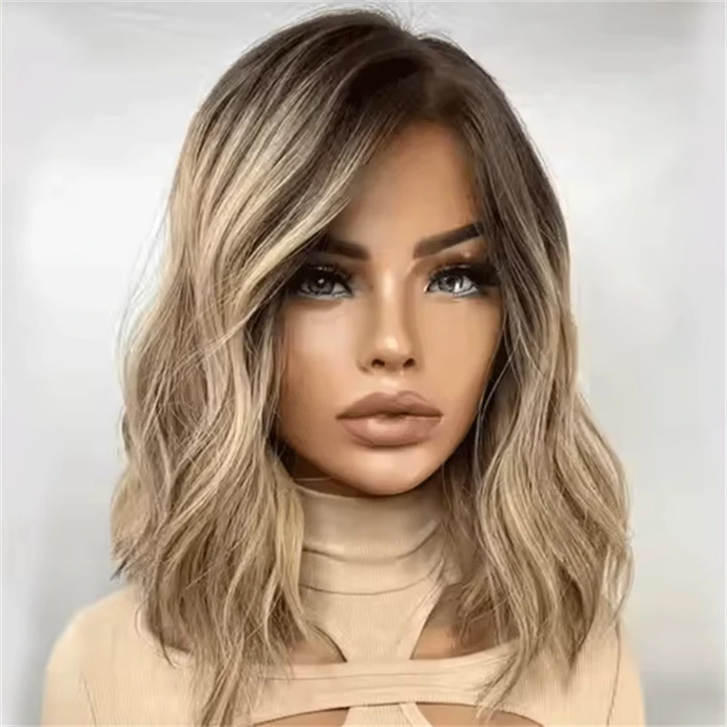 Natural Brown Rooted Honey Dirty Blonde Wig for Women Short Bob Lace Front Wigs Synthetic 13x4 Thick Density Wig on Net Topsale