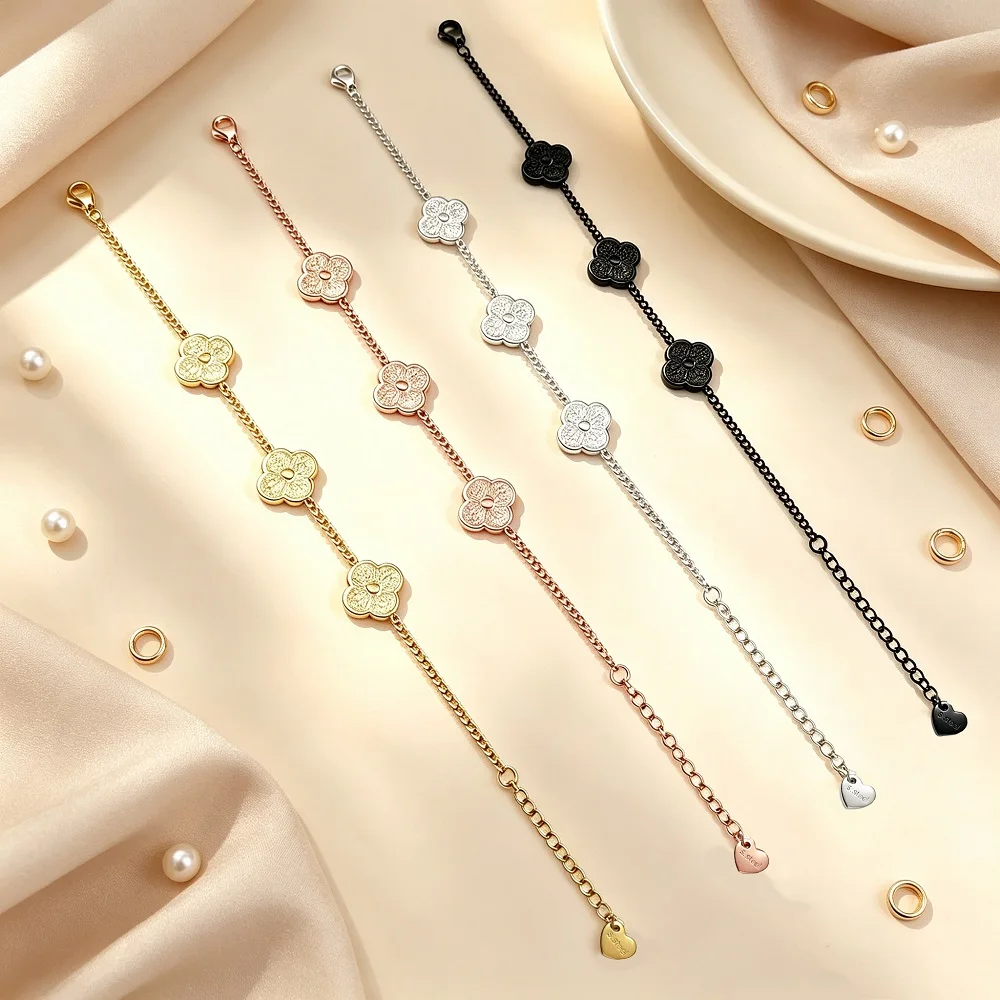 Lucky Four Leaf Clover Bracelet for Women Girls Alloy Chain Rose Gold Silver Black Plated Charm Fashion Daily Jewelry Gift