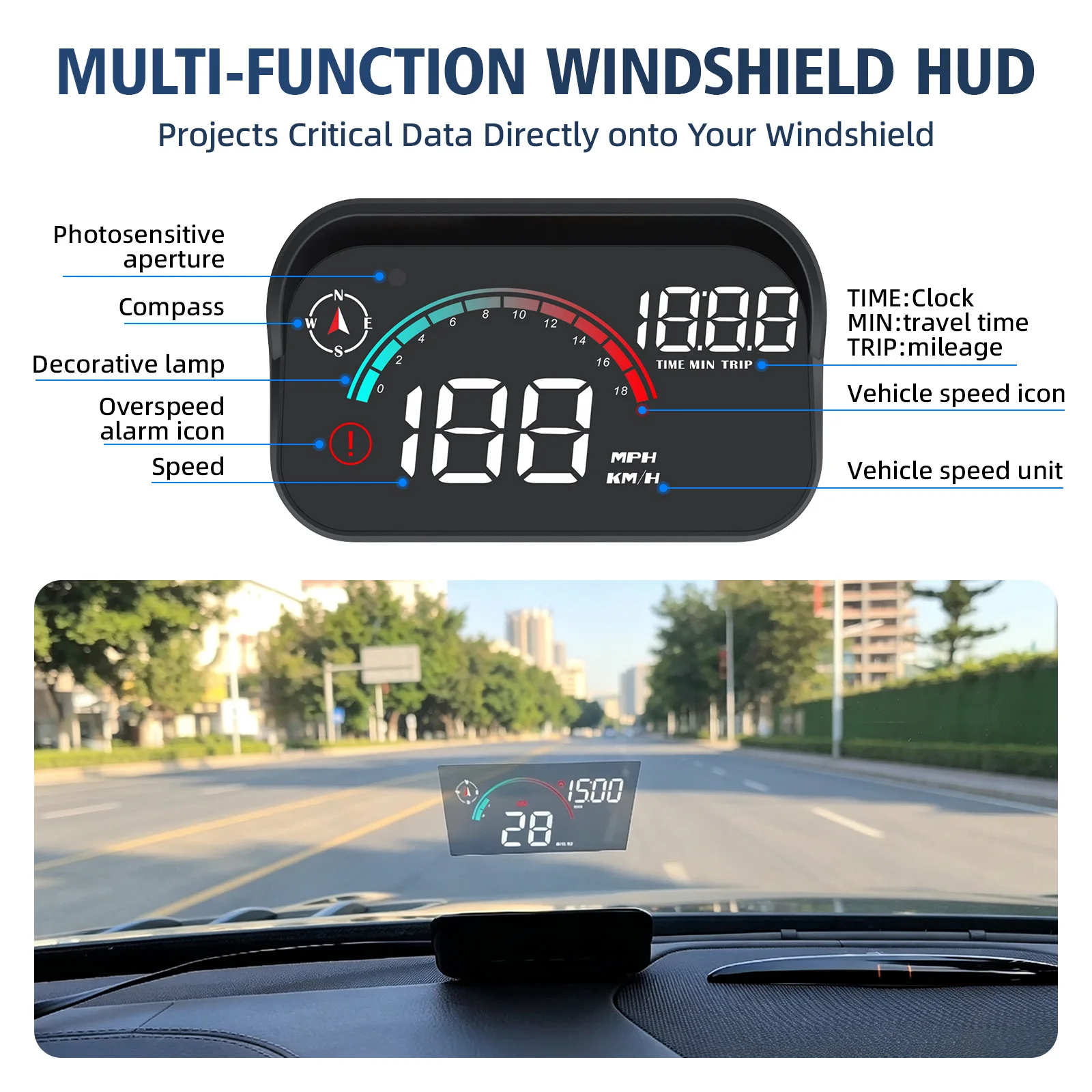 Universal Car HUD Head Up Display GPS Digital Speedometer with Compass Altitude Clock Decorative Lamp for All Vehicle speed M22