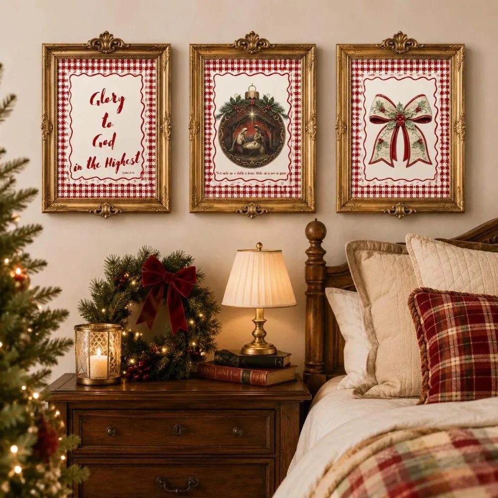 Christmas Wall Art Set of 3 Printable,Red Gingham Nativity Bow Scripture Prints,Christian Holiday Decor Bundle, Digital Download