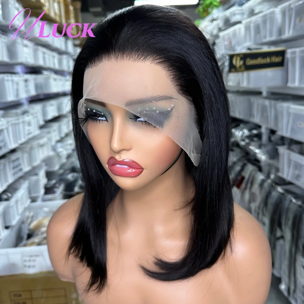 Uluck Doppio Disegnato Breve Rettilineo Bob Parrucche Parrucche Brasiliane Dei Capelli Umani 200% Densità 13x4 Parrucche Frontali Del Merletto Nero Naturale Per Le Donne