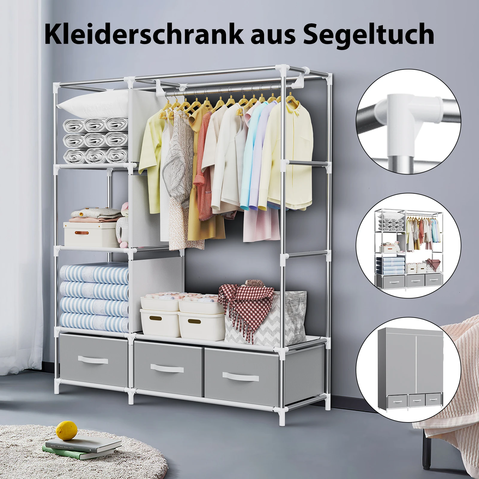 Canvas Wardrobe with Hanging,3 Stacking Compartments, 4 Side Pockets & Underneath Storage - Portable Fabric Wardrobe for Bedroom