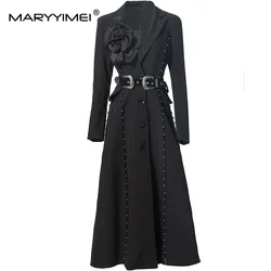 MARYYIMEI Fashion Streetwear Appliques Women's Coat Autumn and Winter Long Sleeved Notched pocket Lace-Up Slim Black Overcoat