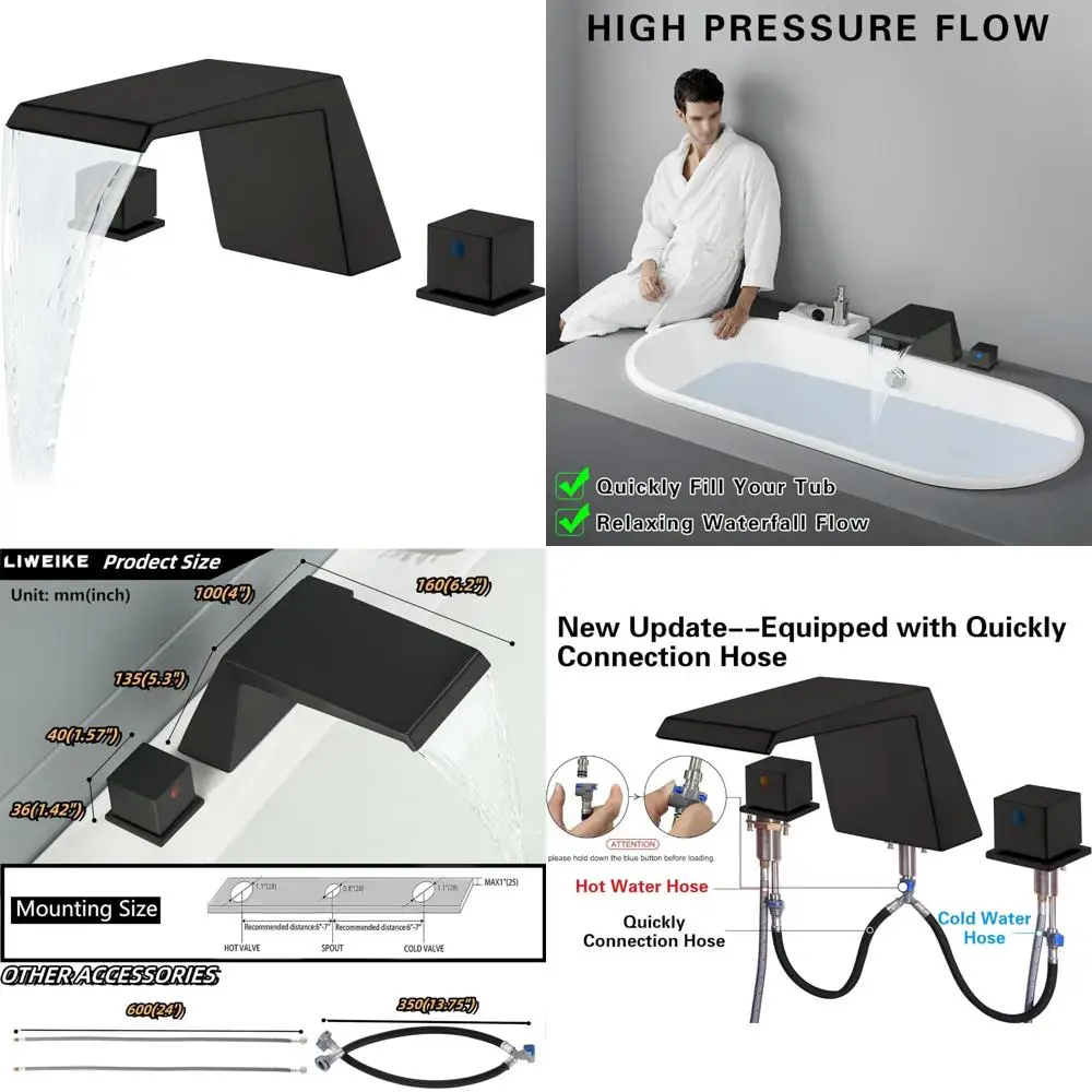

High Flow 3 Hole Roman Tub Faucet Set with 2 Handle Waterfall Filler, Matte Black, Deck Mount Bathtub Faucets