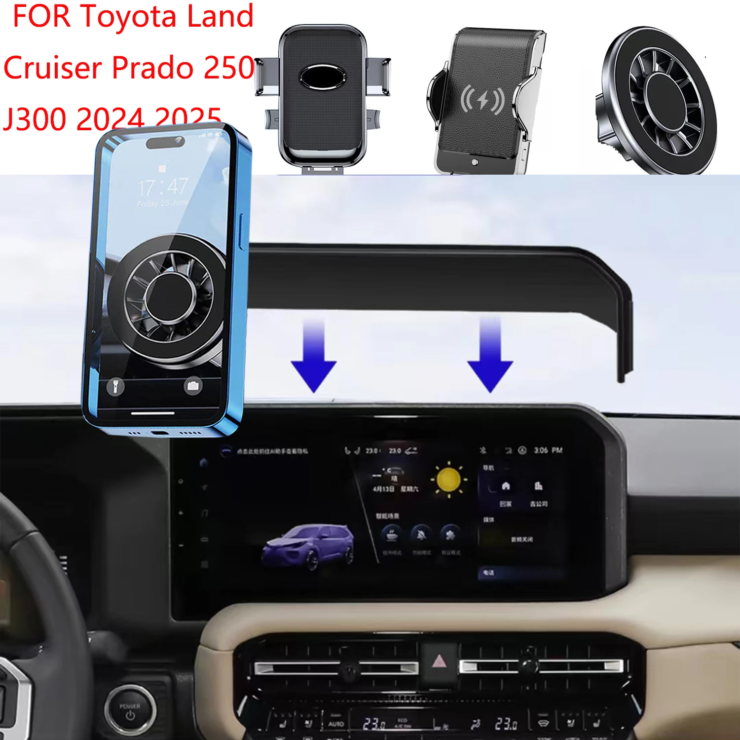 Car Phone Holder For Toyota Land Cruiser Prado 250 J300 2024 2025 Magnetic GPS Screen Fixed Fast Wireless Charging Mobile Phone