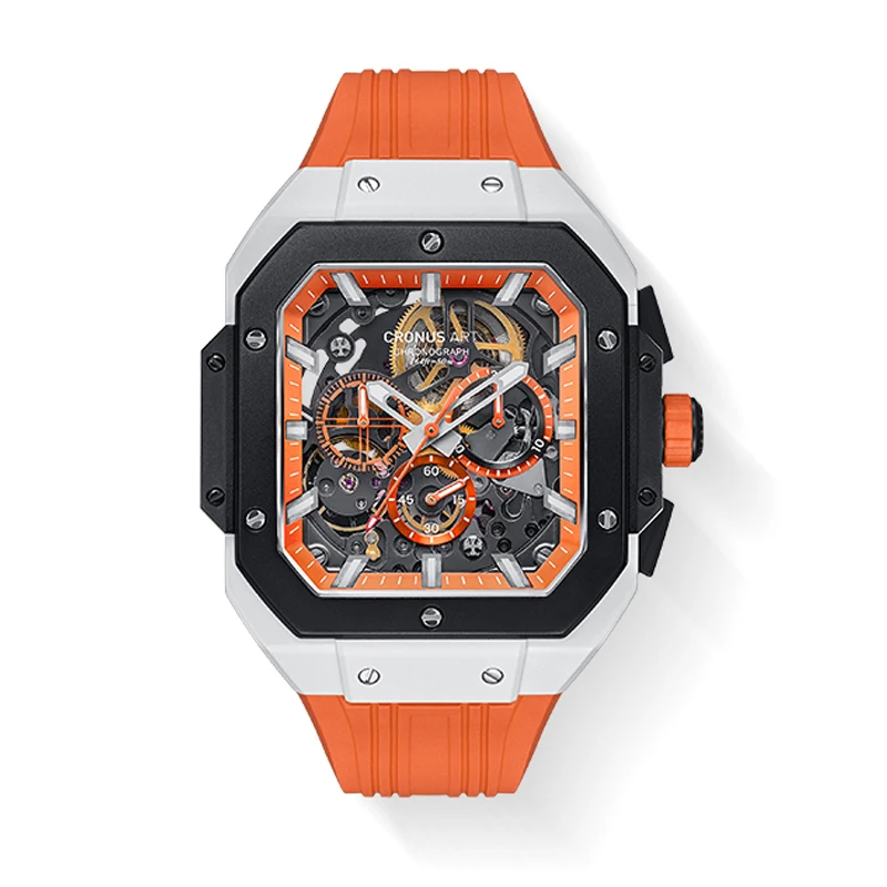 CRONUSART الرجال ساعة كرونوغراف مربع 45 مللي متر التلقائي الميكانيكية ساعة اليد مضيئة الهيكل العظمي الهاتفي حزام الفلوروروبر