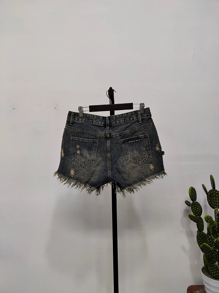 Trend Pailletten Blumen Grate Loch Denim Shorts Damen Vintage hohe Taille weites Bein kurze Jeans weiblich 2024 Frühling neu