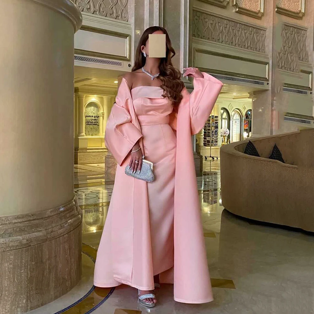 

Msikoods Saudi Arabic Women Evening Dress Jacket Maxi Prom Gown Long Sleeves Pink Satin Wedding Party Dress Bespoke Formal Dress