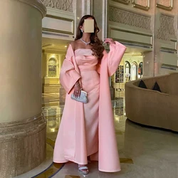 Msikoods Saudi Arabic Women Evening Dress Jacket Maxi Prom Gown Long Sleeves Pink Satin Wedding Party Dress Bespoke Formal Dress