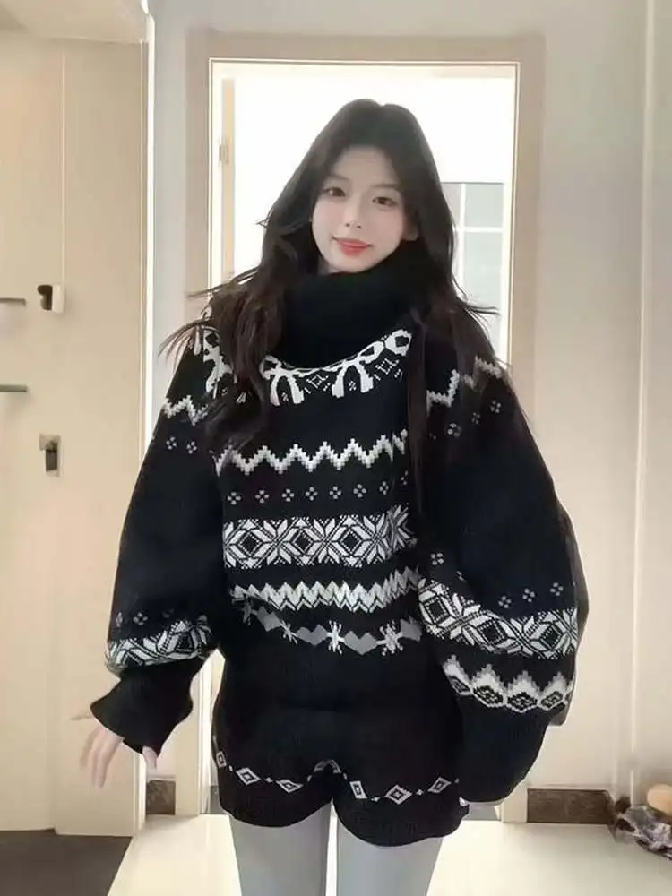 

Retro Korean Sle High Ne Knitted Sweater Loose Fit Overhead Fair Isle Women's Set with Knitted orts Two Piece Set