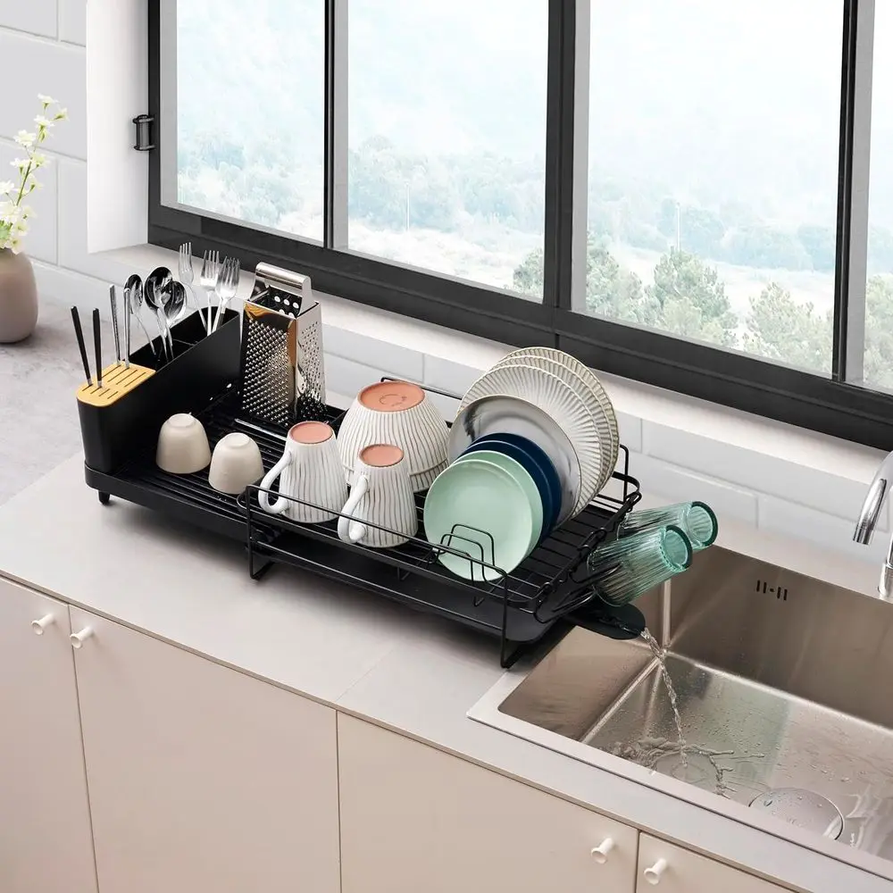 

Dish Drying Rack Countertop Expandable Dish Drainer — Up to 26.7" Telescoping Extending Drying Station Organizer with Drainboard