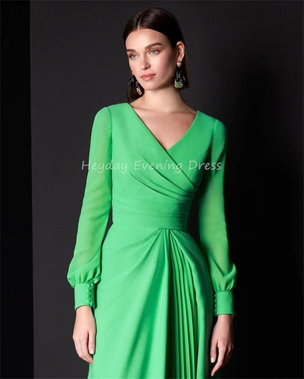 Heyday crepe uma linha com decote em v até o chão vestidos de noite elegantes para mulher 2025 com mangas compridas pregas simples vestido de festa