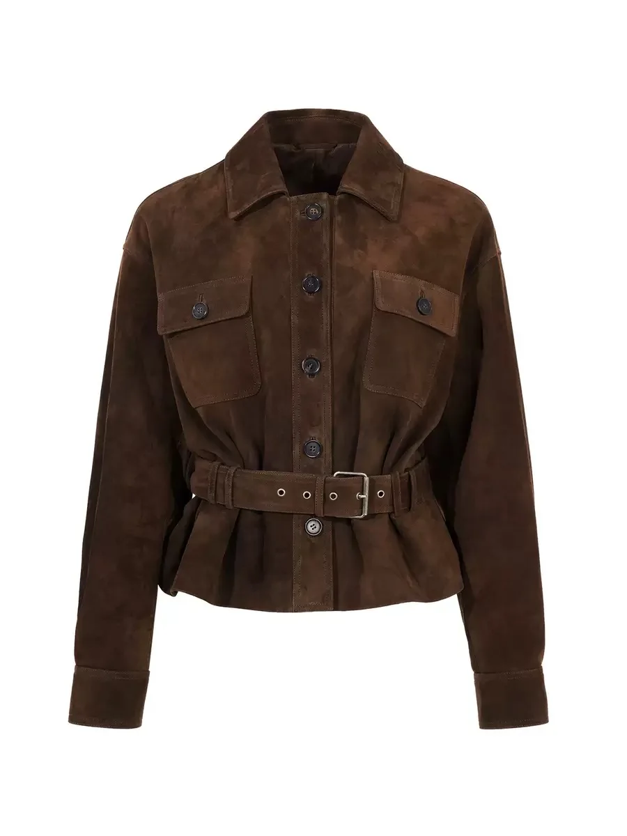 Spring Brand New Suede Leather Jacket for Women Collar Pocket 100% Sheepskin Slim Fit Coat With Belt Black Shirt Vestes Femmes
