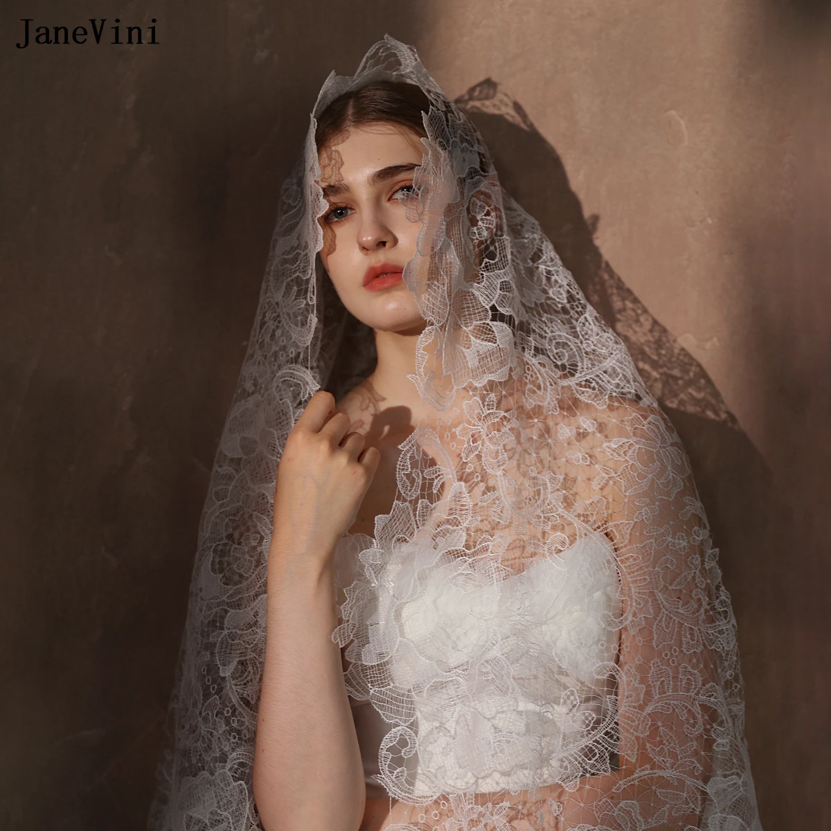 

JaneVini Elegant Off White Long Bridal Veils One Layer Handmade Hollow Out Lace Veil Brides Headpiece Wedding Dress Accessories