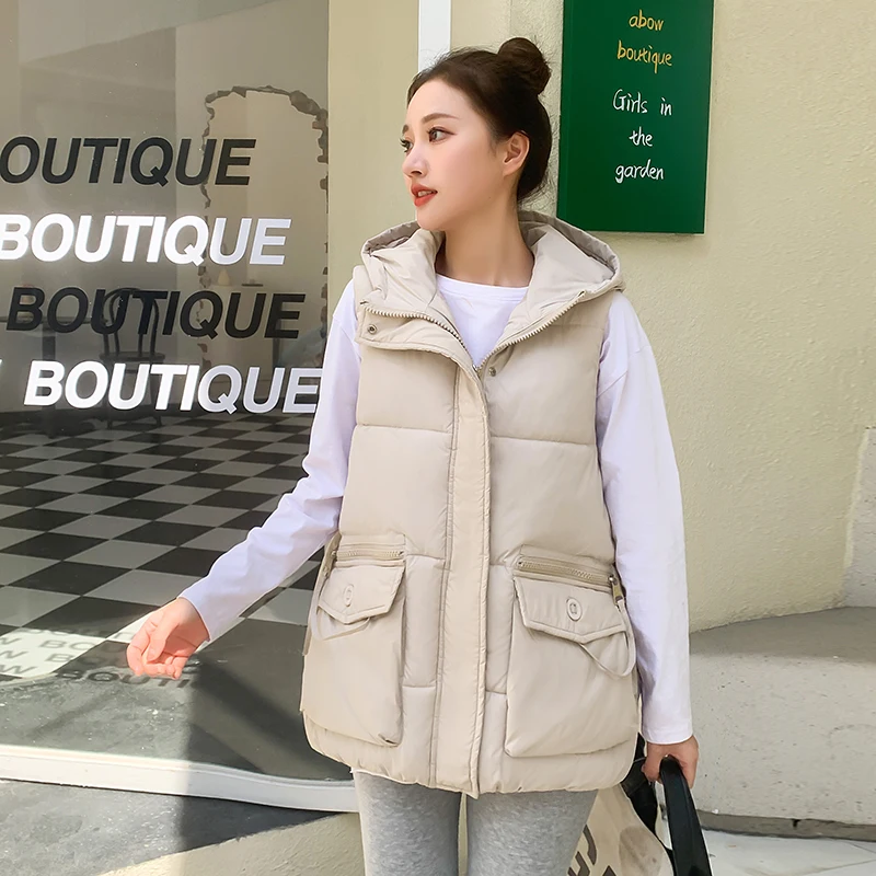 Zipper Loose Casual Warm Cotton Jacket Autumn Winter Women's Vest Hooded Solid Color Sleeveless Pocket Coat for Ladies