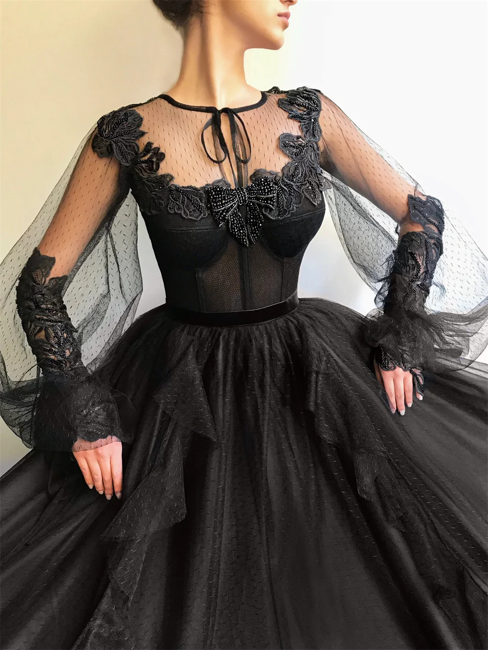 Amanda Black Tulle vestidos de noche Lace Embroidery Prom Dresses Elegant Long Sleeves Floor-Length A-line Formal Evening 2024