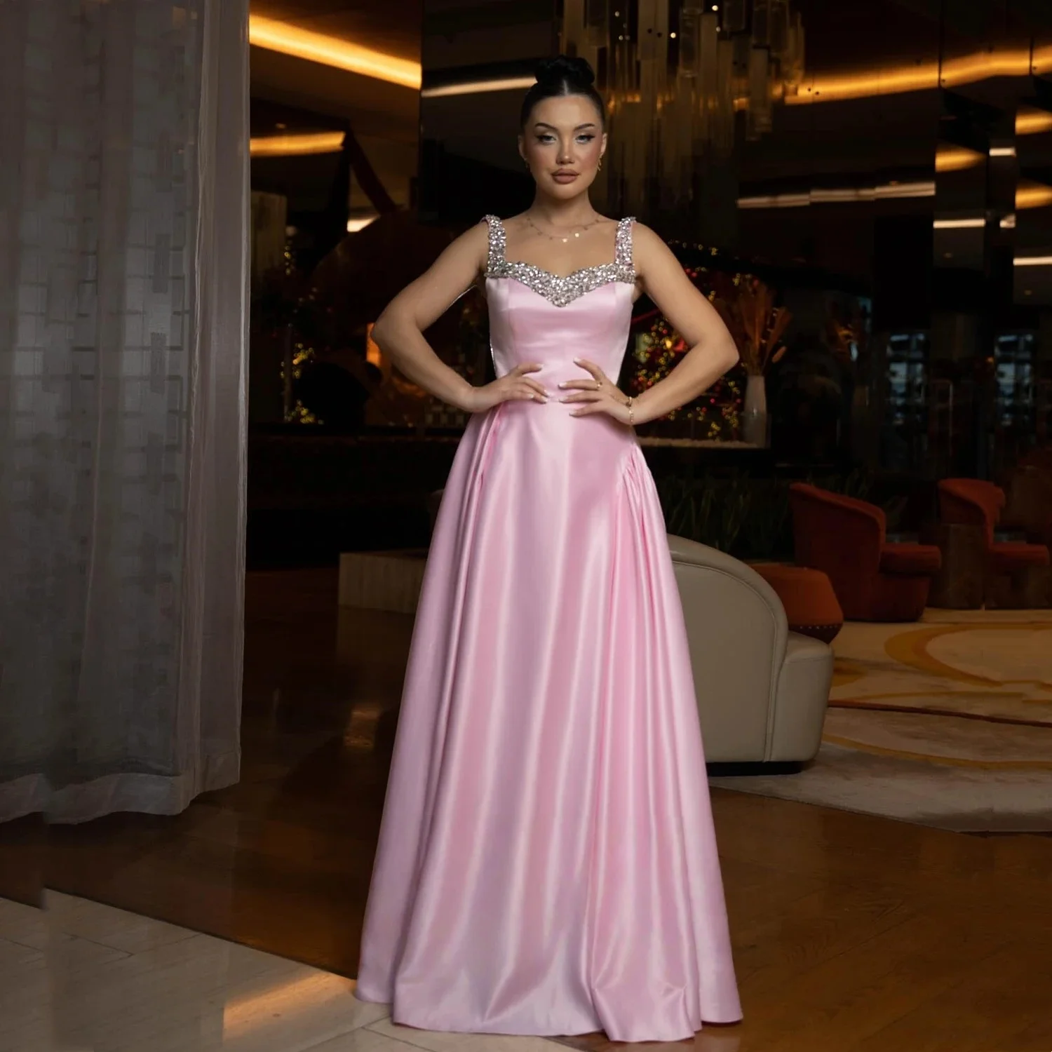 

Pink Beaded Long Bespoke Occasion Gown Evening Dresses Pastrol Unisex Jersey Retro Dubai Saudi Arabic Israel Prom Customized