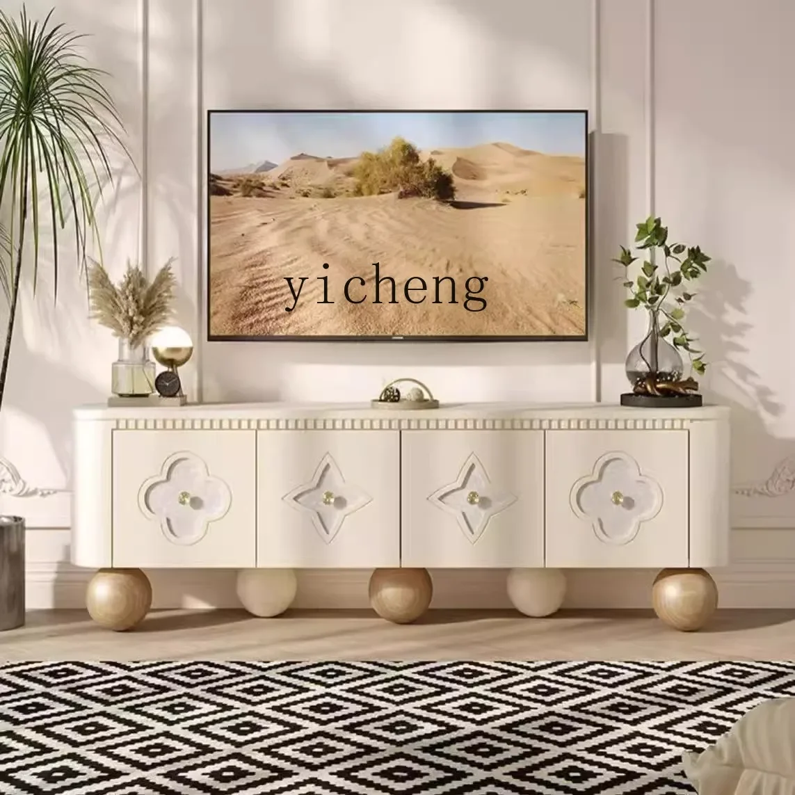 

LSL solid wood four-leaf clover TV cabinet living room light luxury high-end storage decoration