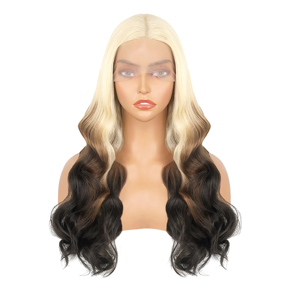 Wig renda Highlight pirang OmBre untuk wanita Wig depan renda sintetis 13X4 gelombang tubuh garis rambut terlentang dengan Wig rambut bayi