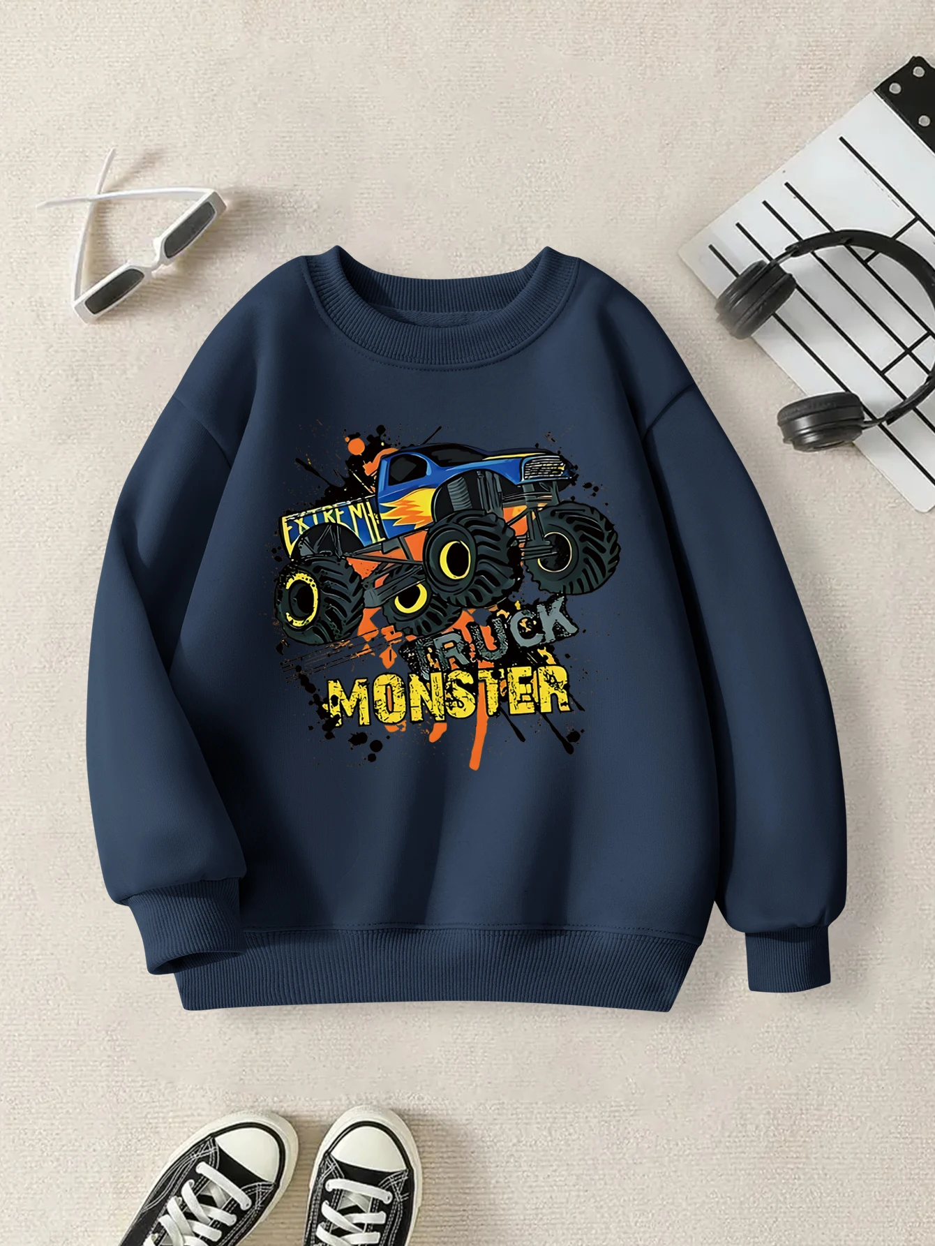 남아용 후드티; 편안하고 통기성 좋은 소재; 프린트 패턴; 가을용 아동 패션 라운드넥 상의.