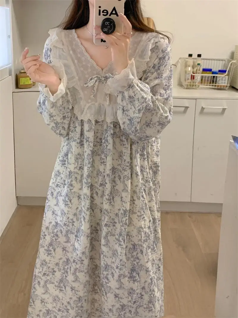 V Neck Floral Print Women Nightgown Lace Spring Autumn Long Sleeve Cotton Gauze Sleepdress Home Princess Nightdress Ruffle S350