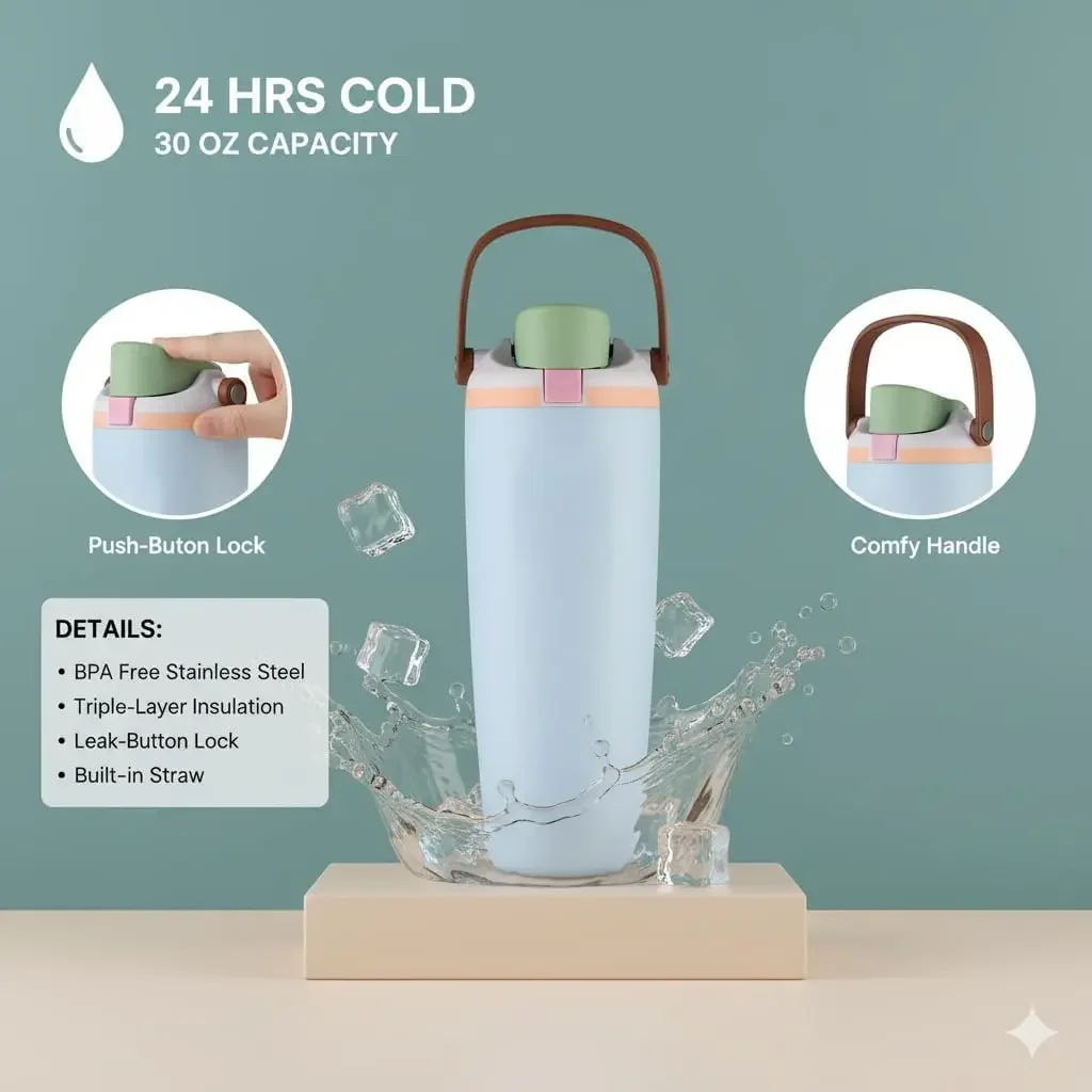 زجاجة مياه معزولة من الفولاذ المقاوم للصدأ مع صنبور ثنائي الاتجاه، ومقبض من القش والدلو، للسفر والمدرسة والرياضة، #2