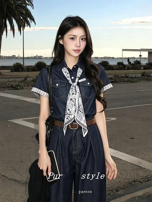 

Summer New Style Color Block Design Women's Denim Short Sleeve Set Wide Leg Pants Fashionable Two-Piece Suit for Ladies