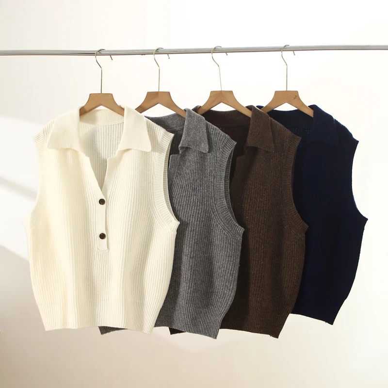 

Women 100% Wool Sweater Vest Polo Collar Buttoned Waistcoat Female leeveless Pullover Soft Warm Cashmere Knitwear Tops Korean