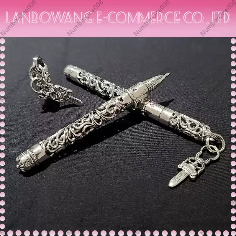 European Court Style 925 Sterling Silver Ballpoint Pen, Hollow Cross Engraving Metal Signature Pen for Gift