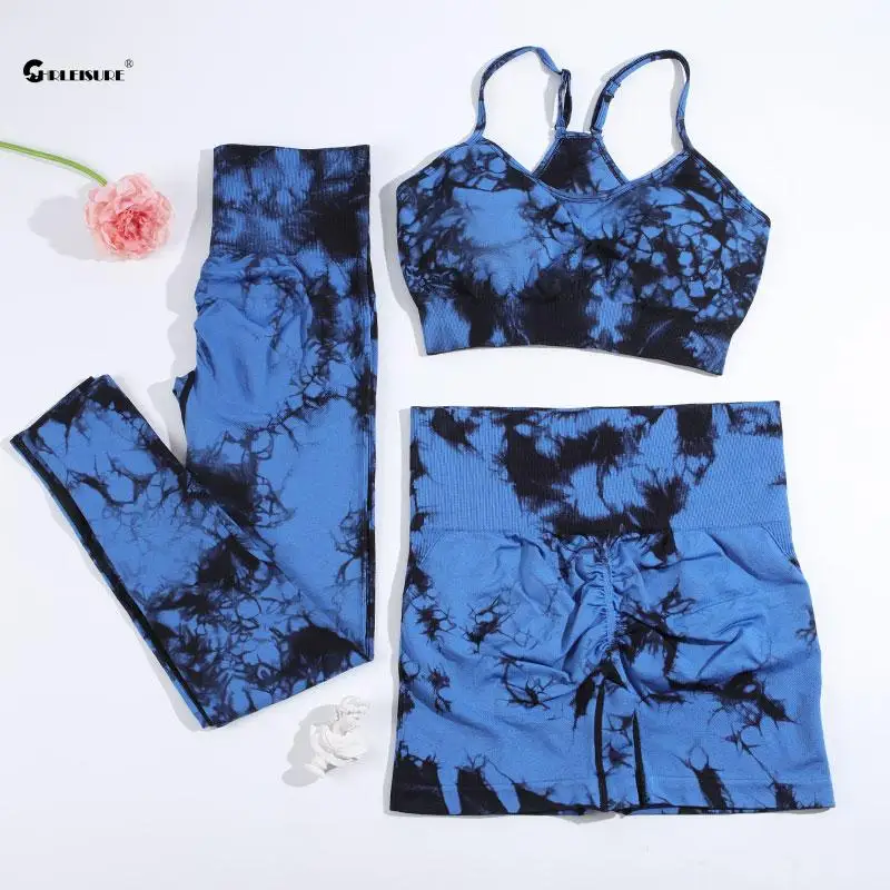 CHRLEISURE 2/3PCS Tie Dye Yoga Set Seamless Sports Suit for Women Elastic Gym Athletic Fitness Outfit Outdoor Running Sportswear