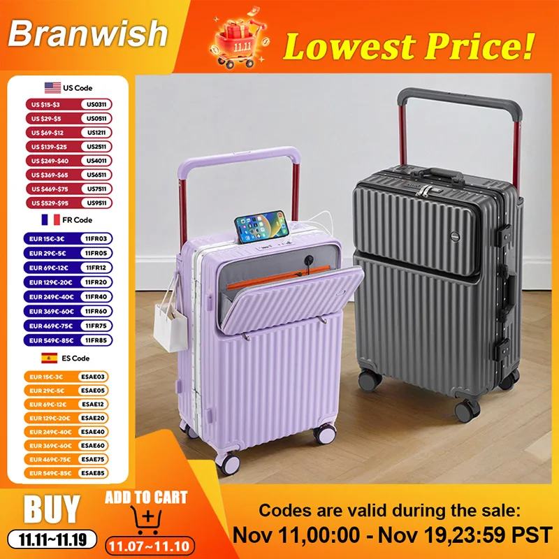 20/24/26 بوصة ABS حقيبة سفر مقبض واسع الجبهة افتتاح الأمتعة مع منفذ USB حامل هاتف عجلات الفرامل للنساء الرجال رحلة