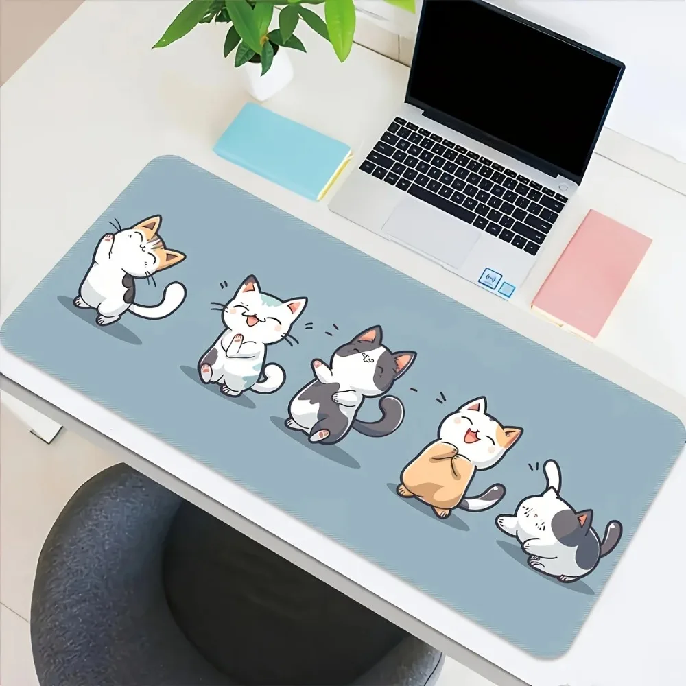 CIFBUY Extra Large Gaming Mouse Pad Blue Cute Dancing Cat CartoonDesk Mat  Base Stitched Edges Home Office PC Laptop Accessories