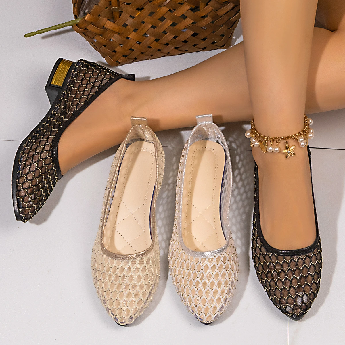 

Женские дышащие туфли на низком каблуке с сеткой, весенне-летние модные нескользящие износостойкие туфли на низком каблуке с острым носком