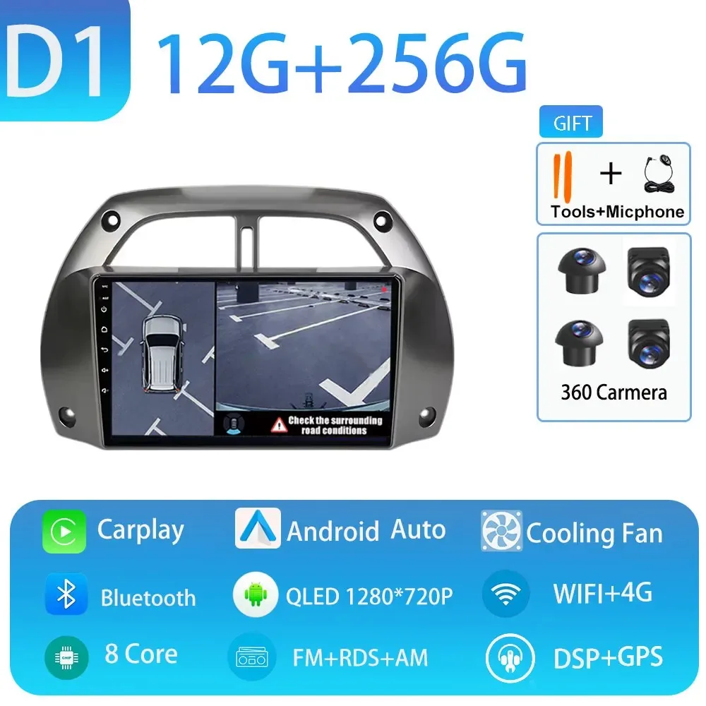 Android 15 voor Toyota RAV4 2001-2005 Draadloze CarPlay Autoradio Video Audio Multimedi Speler Auto BT WIFI 4G 2K QLED Geen 2 din