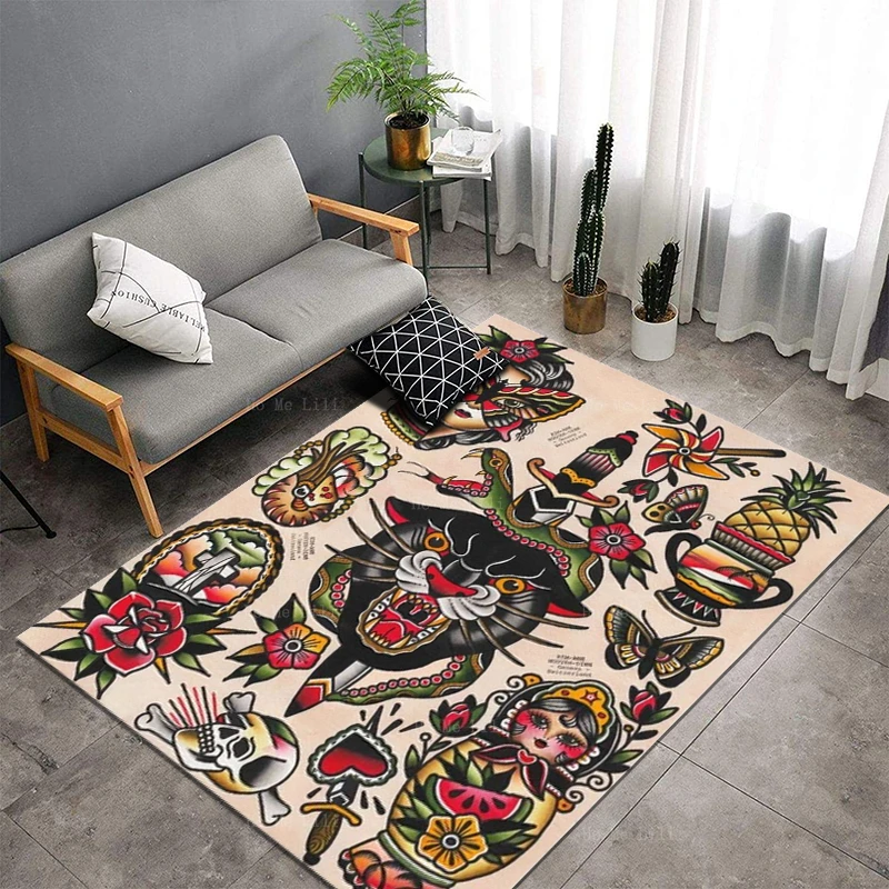 Traditional Tattoo Old School Tiger Dagger Skull Dragon Women Carpet By Ho Me Lili For Floor Decor Rugs Doormat