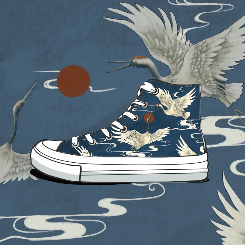 Amy and Michael Original Design Hand Painted Red Crowned Crane Women's Sneakers Fashion Tennis Female High Top Flat Canvas Shoes