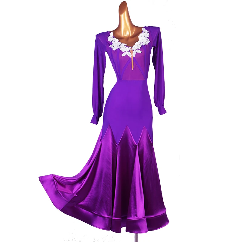 

Adult Ballroom Competition Dance Dresses Lady's Purple Long Sleeve Dance Skirt Women Tango Waltz Ballroom Dancing Dress