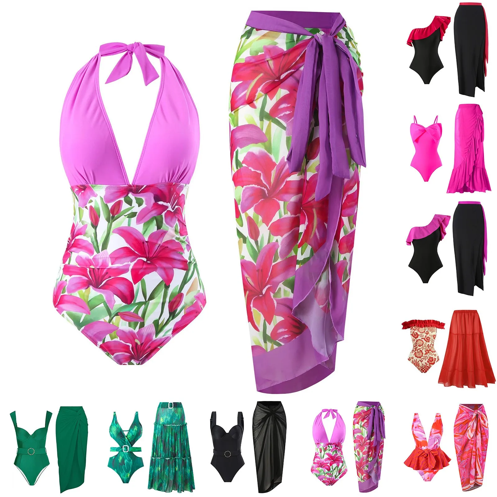 women bikini 2024 New Print One Piece Swimsuit For Women Swimwear with Skirt Bathing Suit Monokini Beach Bodysuit Beach Wear image 2