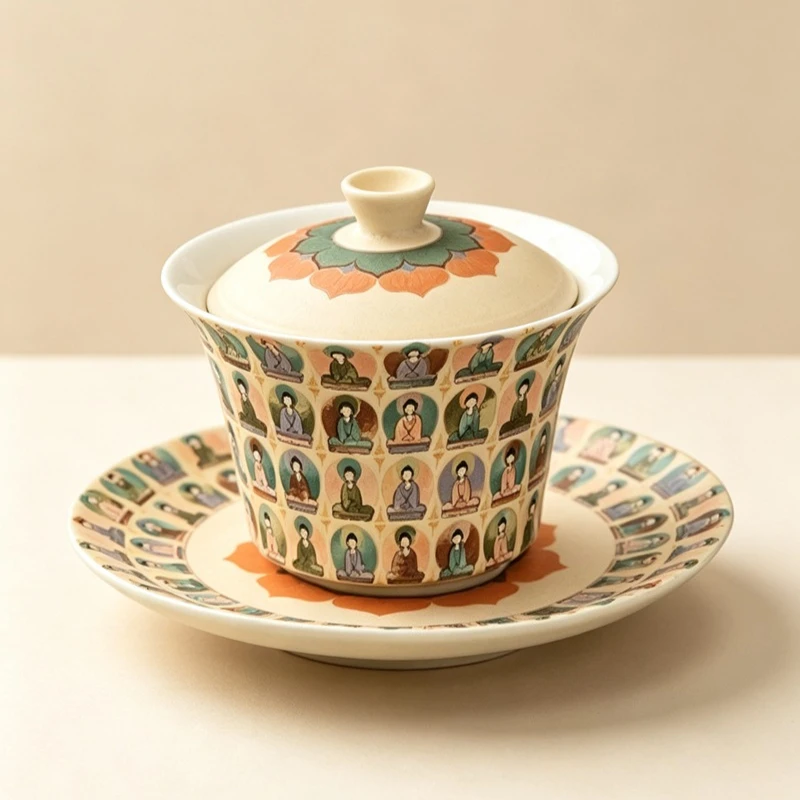 Creative Dunhuang Gaiwan Tea Cup, Single Retro Kung Fu Teaware, Large Thousand Buddha Bowl, Tea Making Device, 150ml, 3Pcs