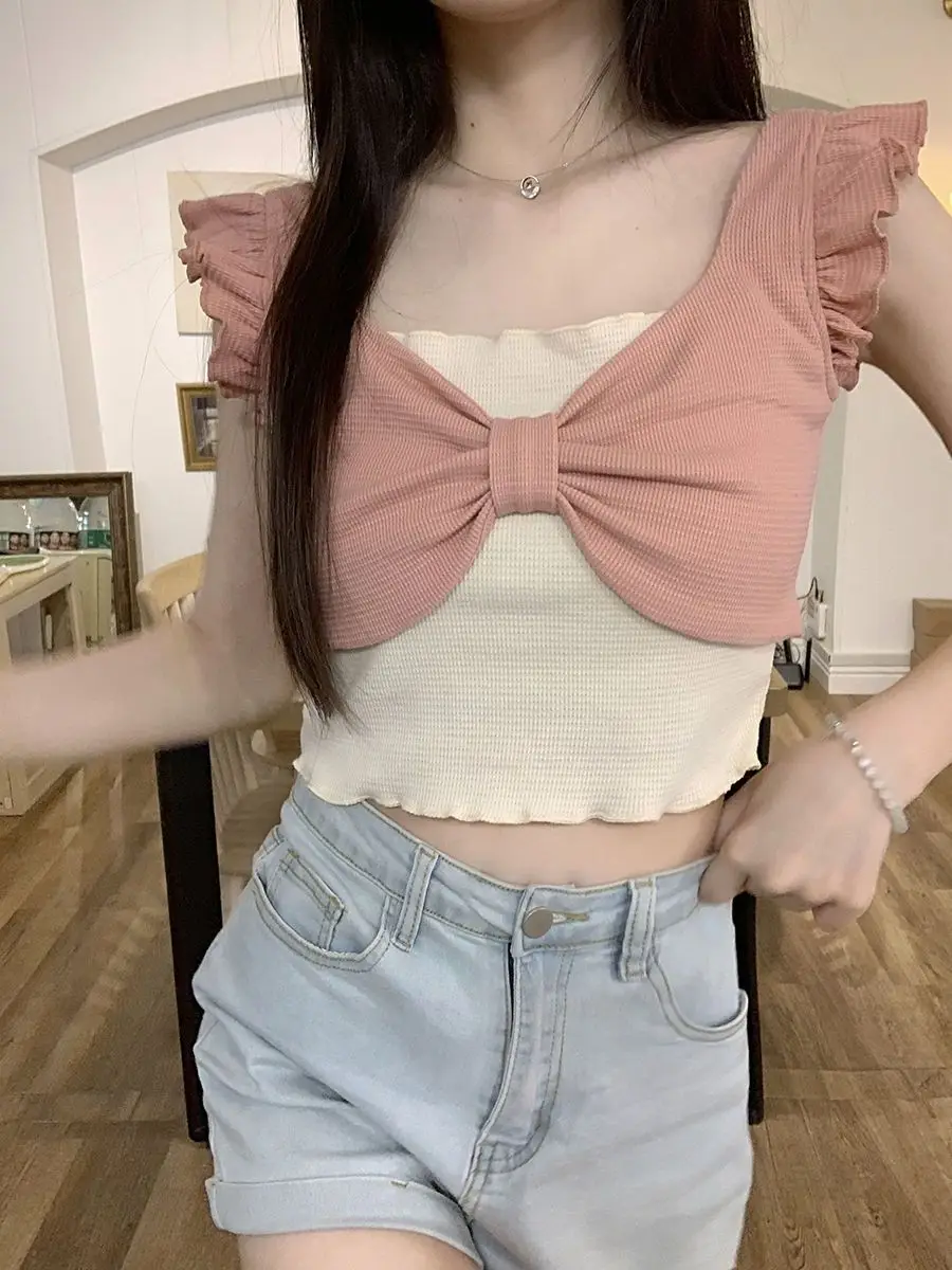 Tanks Women Fake 2 Pieces Pink Sweet Bow Slim Cropped Tops Summer Korean Style Age-reducing Ulzzang Tender Chic Stylish Daily