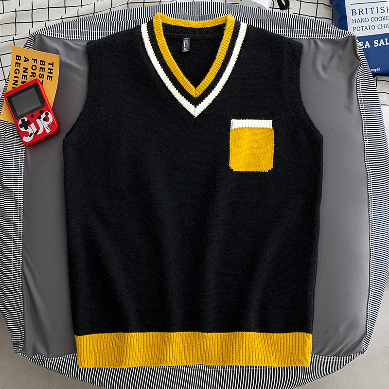 Men's Preppy Style Sweater Vest V-Neck Sleeveless Sweater Vest Classic Fit Campus Pullovers Fashion Tank Tops